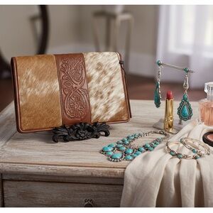 New embossed leather cowhide western jewelry case holder travel organizer bho